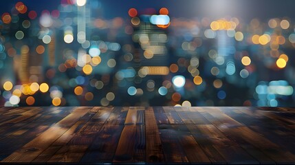 Blank empty wooden bar tabletop focused with blurry bokeh light of city scape, building view background, for mock up and montage product display advertisement, with Generative AI.