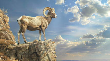 A graceful ram perches on a cliff’s edge, gazing into the distance under a serene, partly cloudy sky, reflecting tranquility and grandeur.