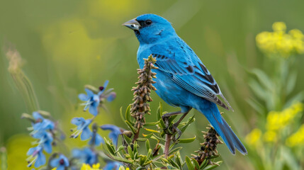 Obraz premium An exquisite photo focusing on a vibrant blue bird perched amongst the green foliage, showcasing its detailed feathers and bright, curious eyes.