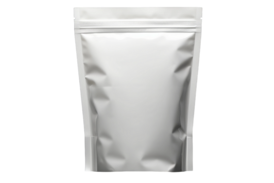 A Blank Canvas for Branding: A Standing Silver Foil Pouch With a Zipper Closure on a Clear PNG or White Background.