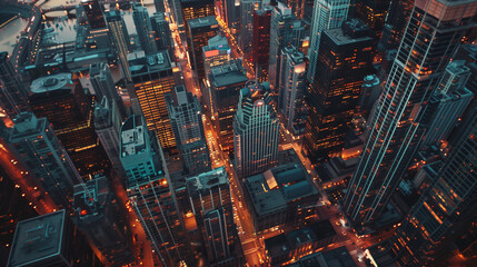 Aerial view of a bustling cityscape at dusk, skyscrapers illuminated, traffic flowing, vibrant urban life