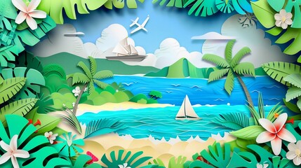 Obraz premium A stunning paper art illustration of a tropical island paradise, featuring intricate cut-out layers of palm trees, sandy beaches, and turquoise waters. A small paper airplane soars through a bright