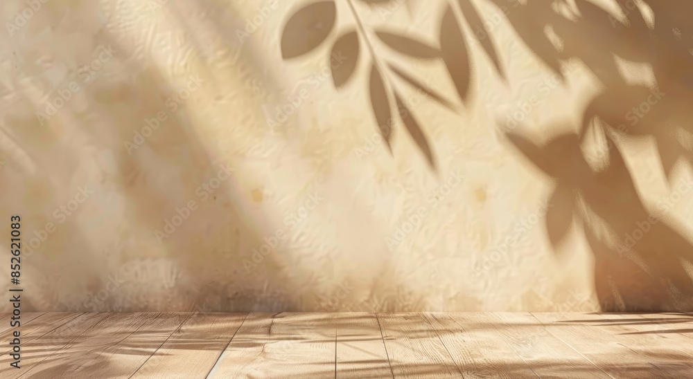 Poster abstract background with an empty beige table and a shadow of a leaf on the wall for product present
