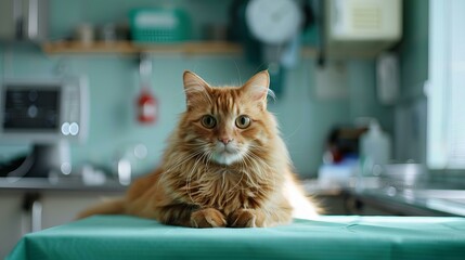 ginger cat at vet's surgery on examination table waiting for checkup and diagnosis