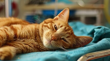 ginger cat at vet's surgery on examination table waiting for checkup and diagnosis