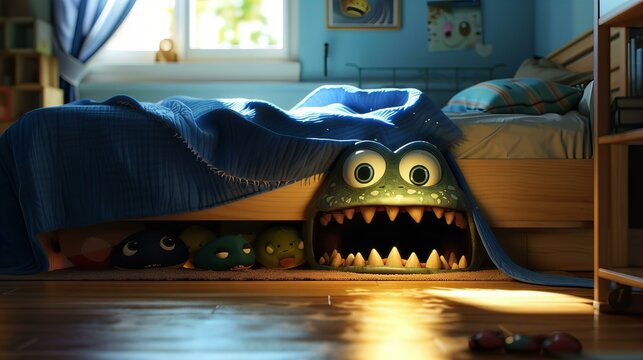 funny monster hiding under the bed in child's bedroom