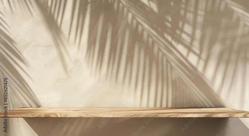 Poster abstract background with an empty beige table and a shadow of a leaf on the wall for product present