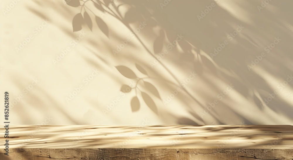 Poster abstract background with an empty beige table and a shadow of a leaf on the wall for product present