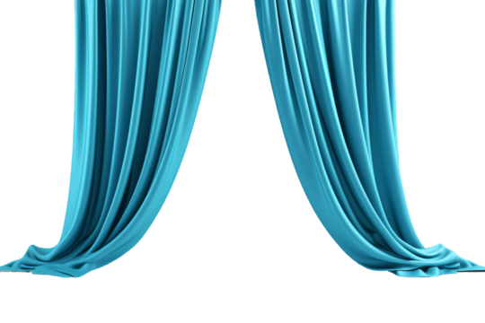 A Pair of Turquoise Curtains Swirling Open on a Clear PNG or White Background.