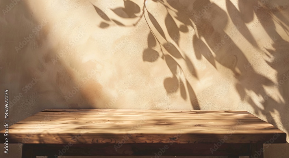 Poster abstract background with an empty beige table and a shadow of a leaf on the wall for product present