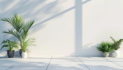 Empty large wall of balcony or roof terrace with potted plants in minimal style.