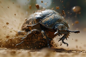 A Dung Beetle Sculpting a Ball of Dung,Its Intricate Movements Captured in Motion-Blurred Frames with Earthy Textures and Chiaroscuro Lighting