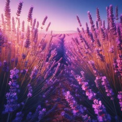 A mesmerizing view of a lavender field in full bloom, captured at sunset. The rows of vibrant purple flowers stretch into the horizon, creating a serene and enchanting landscape. Perfect for nature
