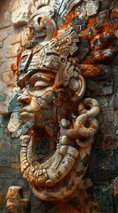 Captivating Mayan Mural Painting with Mythological Creature Depictions and Energetic Compositions in Earthy Ochre Tones