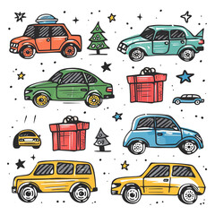 Whimsical doodle illustration of various colorful cars and festive elements, ideal for holiday-themed designs and decorations.