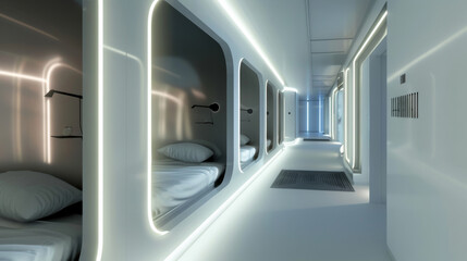 Obraz premium A series of futuristic pod-like sleeping units in a sleek, modern corridor with warm ambient lighting.