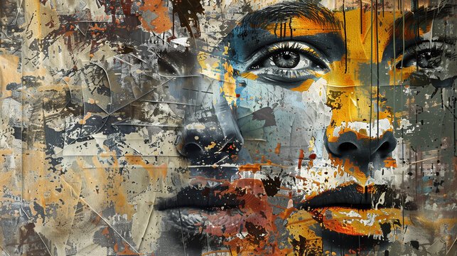 A mixed-media artwork combining traditional painting with digital elements and 3D textures.