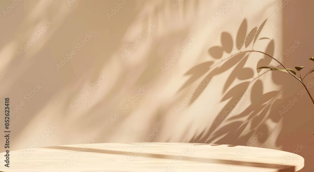 Poster abstract background with an empty beige table and a shadow of a leaf on the wall for product present