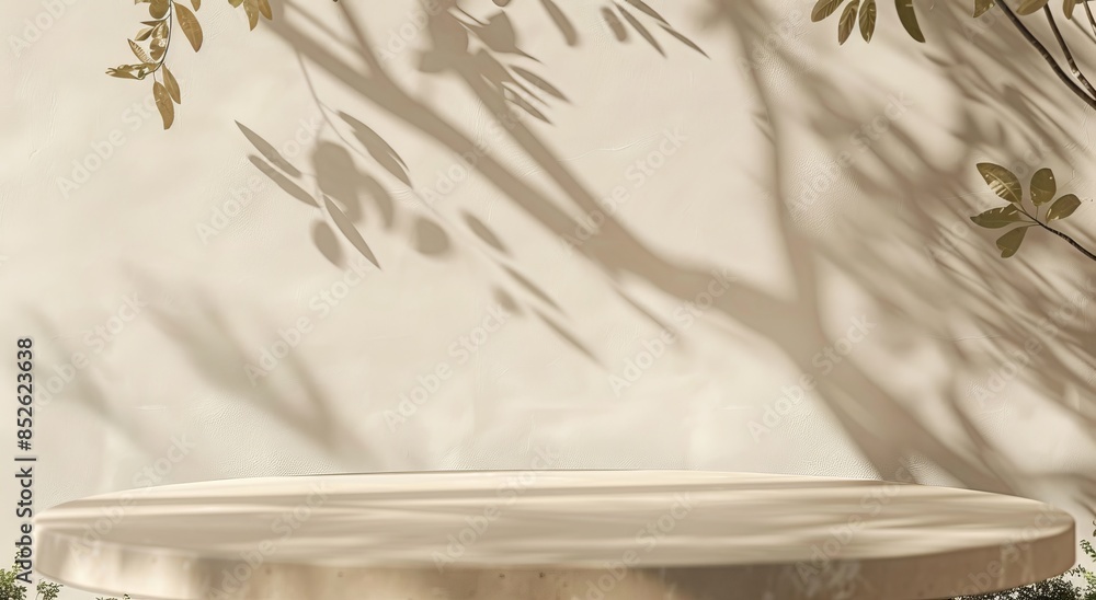 Poster abstract background with an empty beige table and a shadow of a leaf on the wall for product present