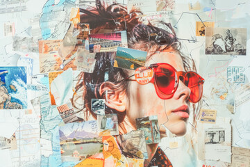 Creative collage made with pieces of photographs, stamps, maps and travel postcards. A woman in profile with her hair up and red sunglasses surrounded by vintage travel elements.