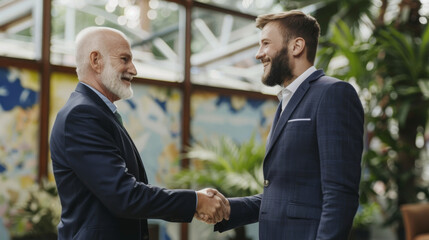 Two men in formal suits shake hands in a brightly lit, greenery-filled environment, expressing mutual respect and agreement, creating a professional and refreshed ambiance.