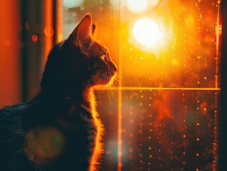 A cat gazes outside a window, bathed in warm, golden sunset light. The serene moment captures the beauty of twilight and feline curiosity.