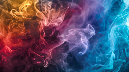 Fototapeta premium Vividly colored swirls of smoke blend seamlessly, creating a mesmerizing, abstract display of flowing shapes against a dark background.