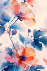 Intricate Floral Motifs in Vibrant Chinese Ink Wash Painting with Graceful Lines and Delicate Brush Strokes