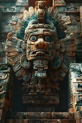 Obraz premium Majestic Mayan Architectural Frieze with Bold Colors,Mythological Creatures,and Ornate Stone Carvings in Chichen Itza-style Stepped Pyramid Temple