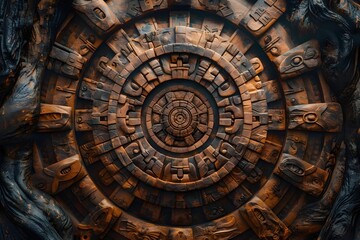 Mesmerizing Mayan Mandala Design with Spiraling Shapes,Hypnotic Iridescent Sheen,and Tikal-Inspired Misty Cloud Forest Background