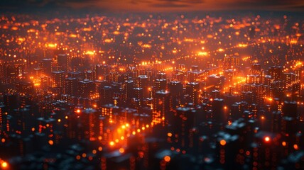 Vibrant Nighttime Cityscape with Illuminated Skyline and Orange Lights