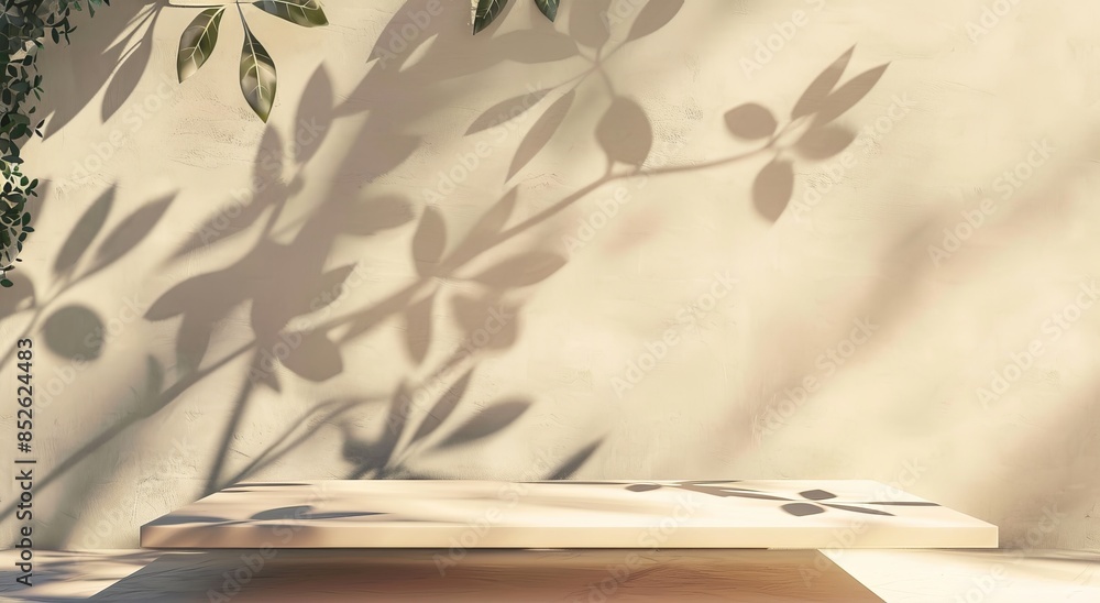 Poster abstract background with an empty beige table and a shadow of a leaf on the wall for product present