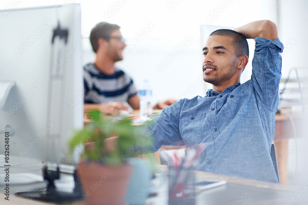 Fototapete Ideas, thinking or man on computer in startup for information technology, problem solving or online firewall. Creative technician, programming upgrade or web developer troubleshooting for solution