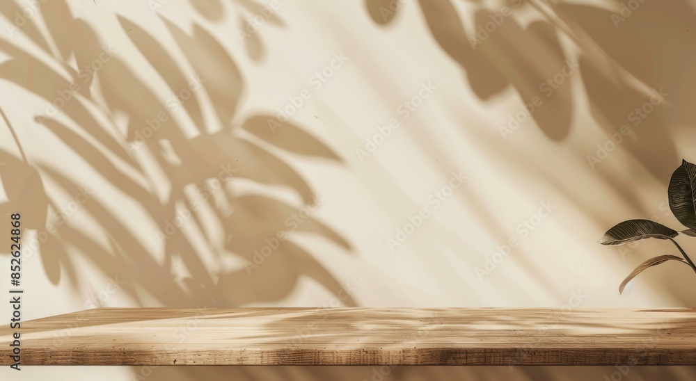 Poster abstract background with an empty beige table and a shadow of a leaf on the wall for product present