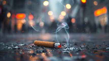 A cigarette butt thrown in the street. World No Tobacco Day