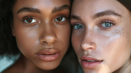Fototapeta premium Two women with contrasting skin tones and harmonious expressions share a close, intimate moment, showcasing the beauty of diversity and connection.