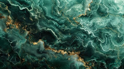 A close-up of a green and gold marble swirl pattern. The green is a rich, deep emerald hue, and the gold adds a touch of sparkle