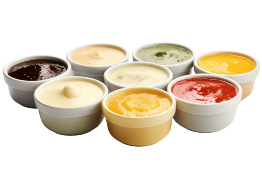 A Rainbow of Dipping Sauces Ready to Delight Taste Buds on a Clear PNG or White Background.