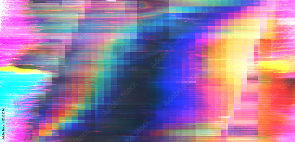 Aufkleber Abstract background with datamoshing effect and holographic pixelated glitches. Concept of bug in program or video decay.