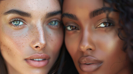 A captivating portrait of two women with contrasting skin tones, showcasing the beauty of diversity and close emotional connection through their shared gaze.