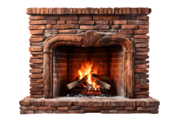 A Cozy Brick Fireplace With Burning Logs on a Cold Winter Day on a Clear PNG or White Background.