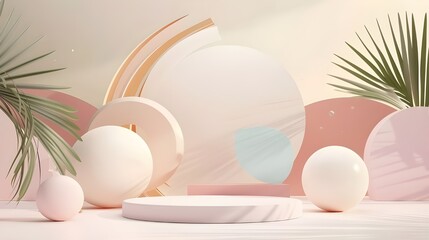 Fototapeta premium 3D minimalist geometric forms that are abstract. For your design, a pastel luxury podium display. Swimming ring, beach ball for the storefront, pedestal, and fashion show stage.