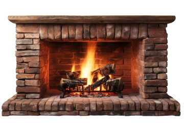 A Brick Fireplace Blazing With Warmth and Embers on a Clear PNG or White Background.