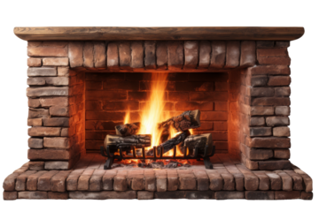 A Brick Fireplace Blazing With Warmth and Embers on a Clear PNG or White Background.