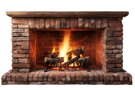 A Brick Fireplace Blazing With Warmth and Embers on a Clear PNG or White Background.