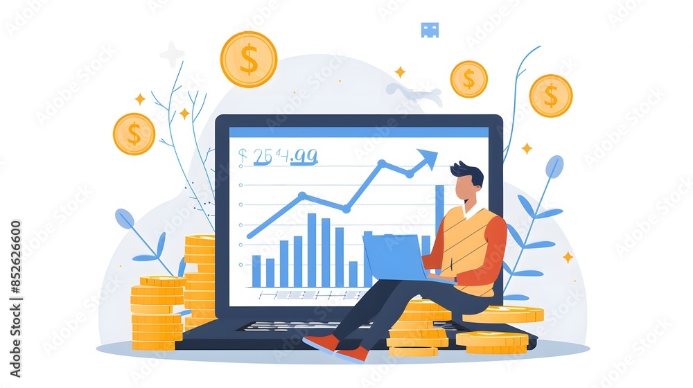 Poster a man sitting on a laptop, surrounded by coins and a blue arrow up icon. a big screen with a growth 