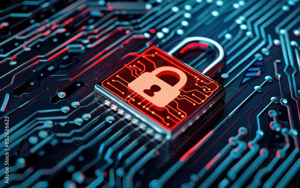 Poster a digital padlock on a circuit board represents cybersecurity, data protection, and information priv
