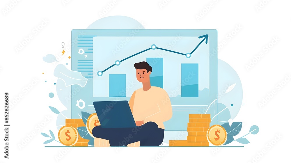 Poster a man sitting on a laptop, surrounded by coins and a blue arrow up icon. a big screen with a growth 