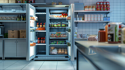 A meticulously organized storage room with various foods and beverages neatly placed in a large refrigerated unit.
