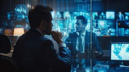 Futuristic workspace with a holographic interface, where a professional is conducting a virtual meeting with international colleagues